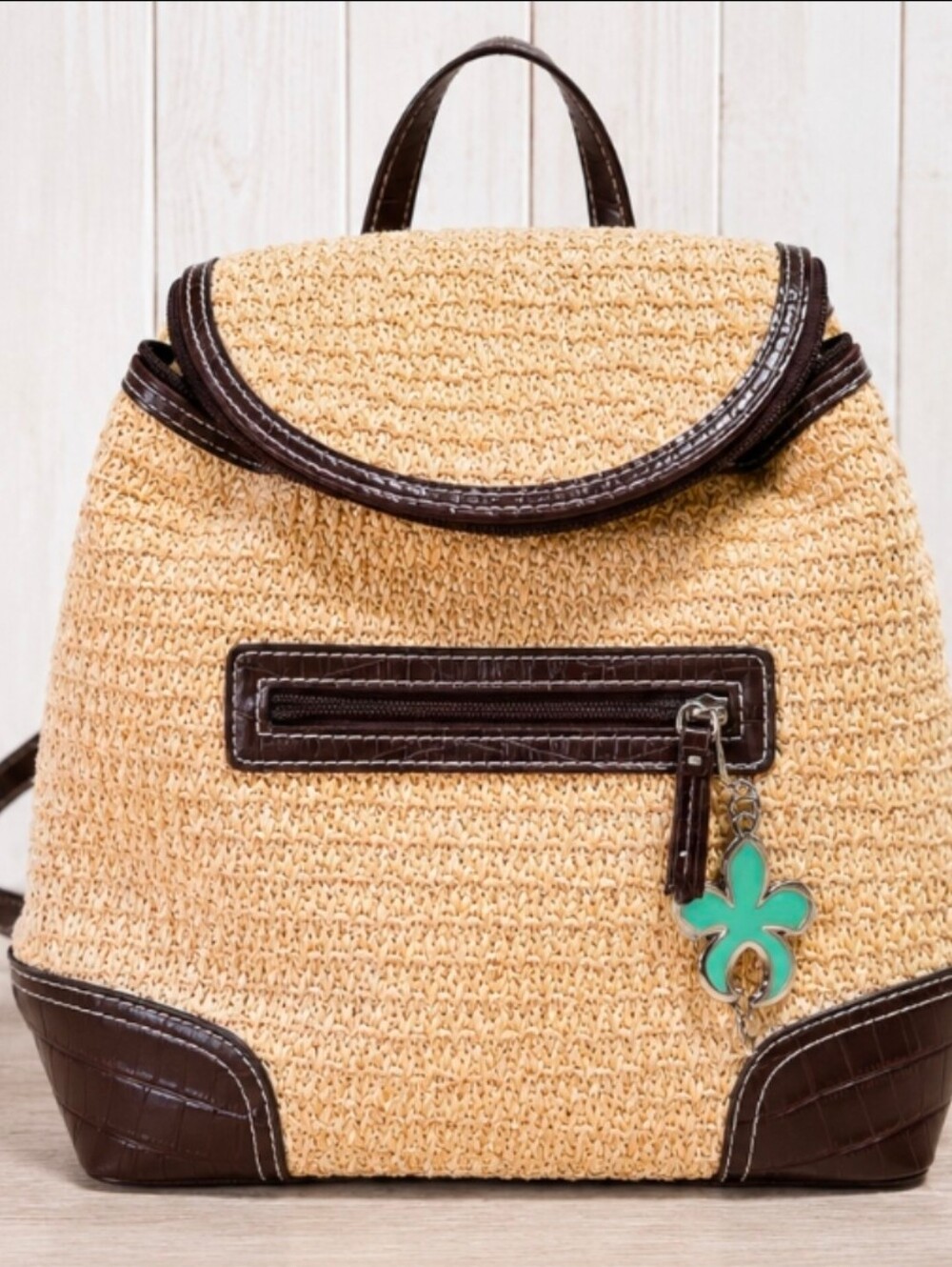 Crazy Horse by Liz Claiborne Woven Straw Backpack Brown Faux Croc Trim